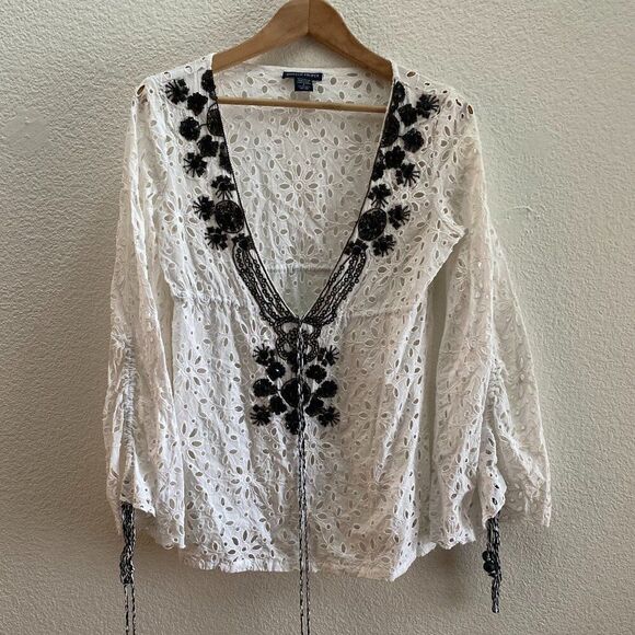 Boston Proper Eyelet Intricate Lace Blouse Tunic Shirt Top Small Boho Festival - Picture 1 of 4